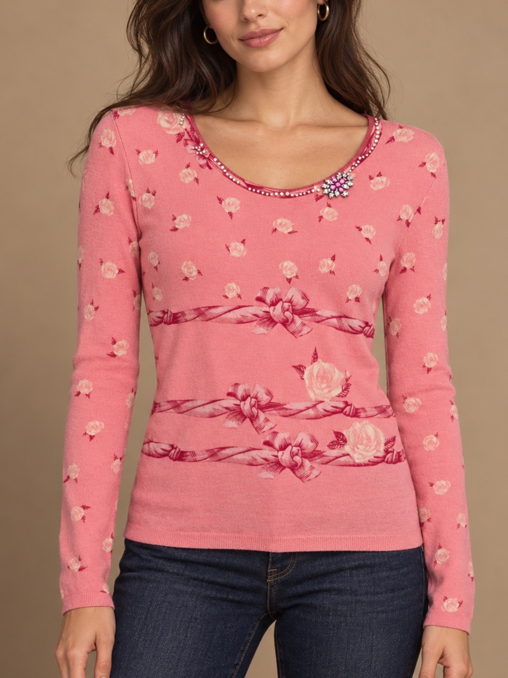 Blumarine Vintage Y2K Pink Rose & Bow Print Rhinestone Long Sleeve (Size M)